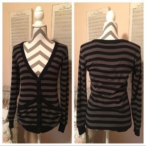 Black and Grey Striped Vneck Cardigan W/ Pockets